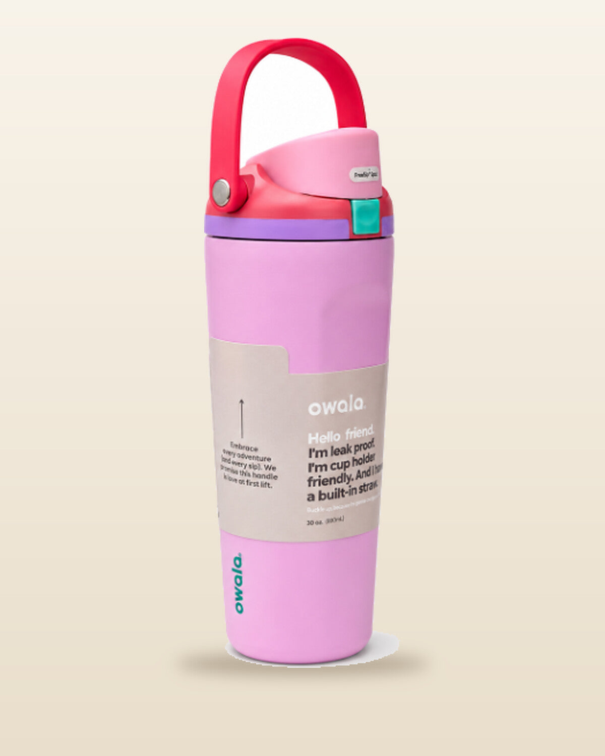Botella Owala FreeSip color rosado sobre fondo beige