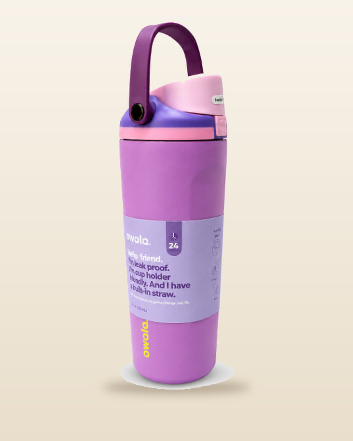 Botella Owala FreeSip color violeta sobre fondo beige
