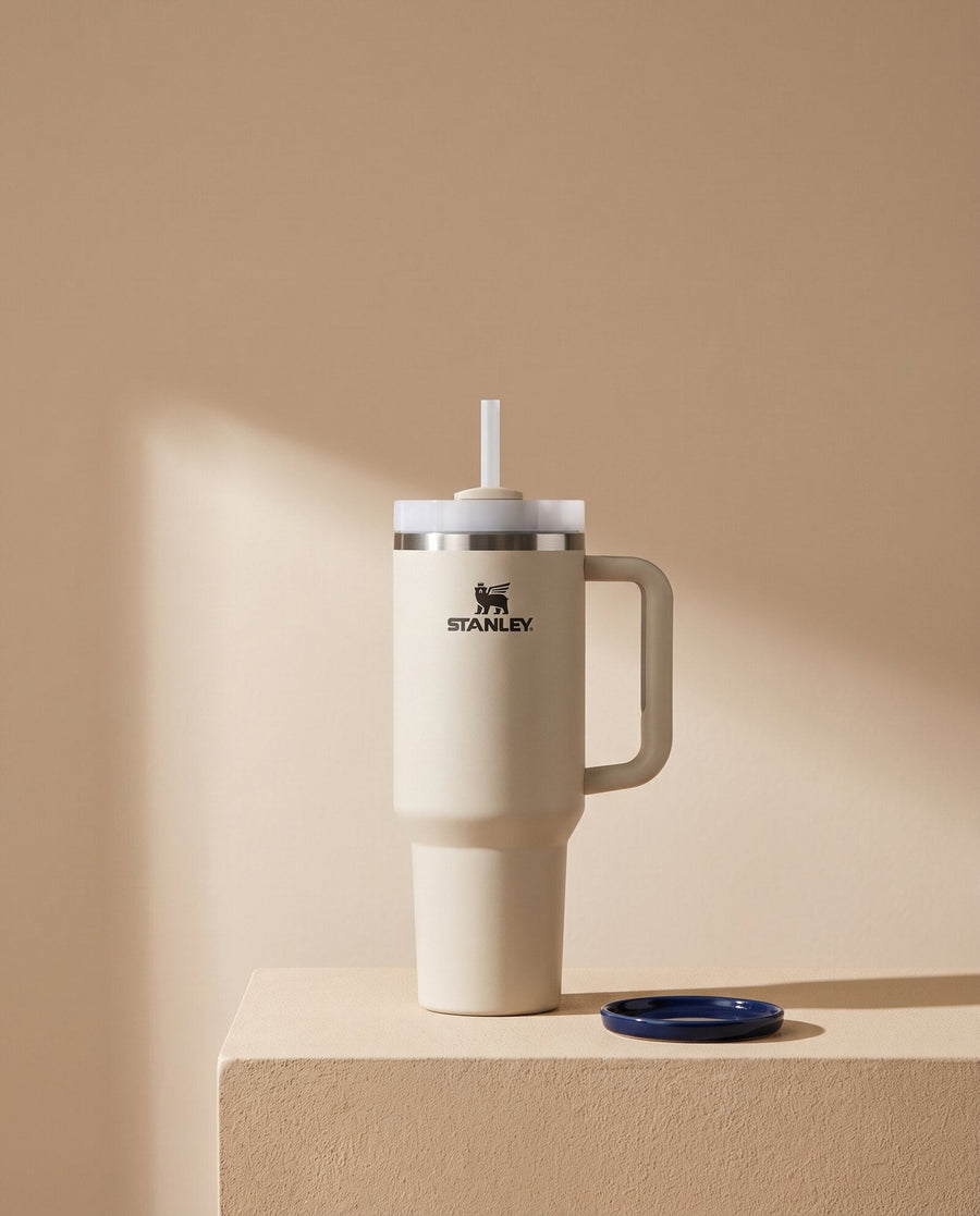 Vaso Stanley Quencher color blanco sobre pedestal beige