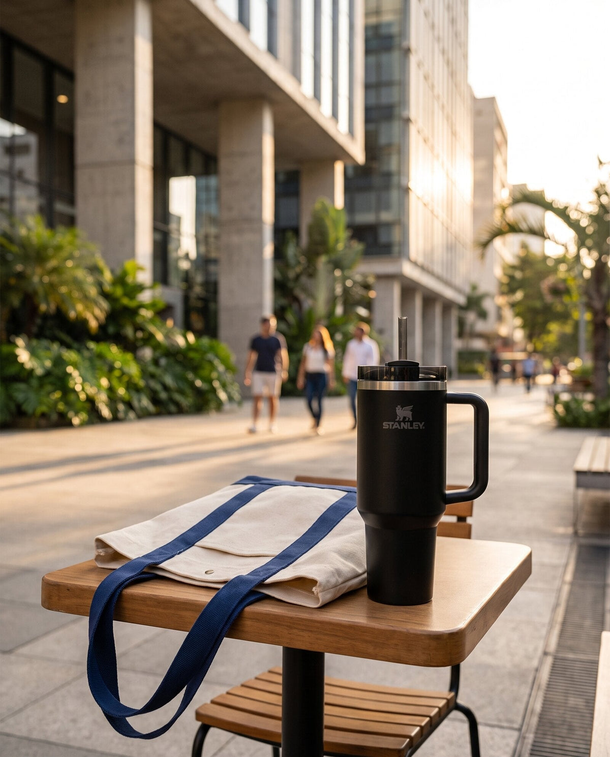 Vaso Stanley Quencher negro en mesa de terraza urbana